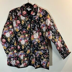 OPIA Sz M Quilted Floral Patch Pockets Bias Trim Button Up Blazer Jacket NWOT